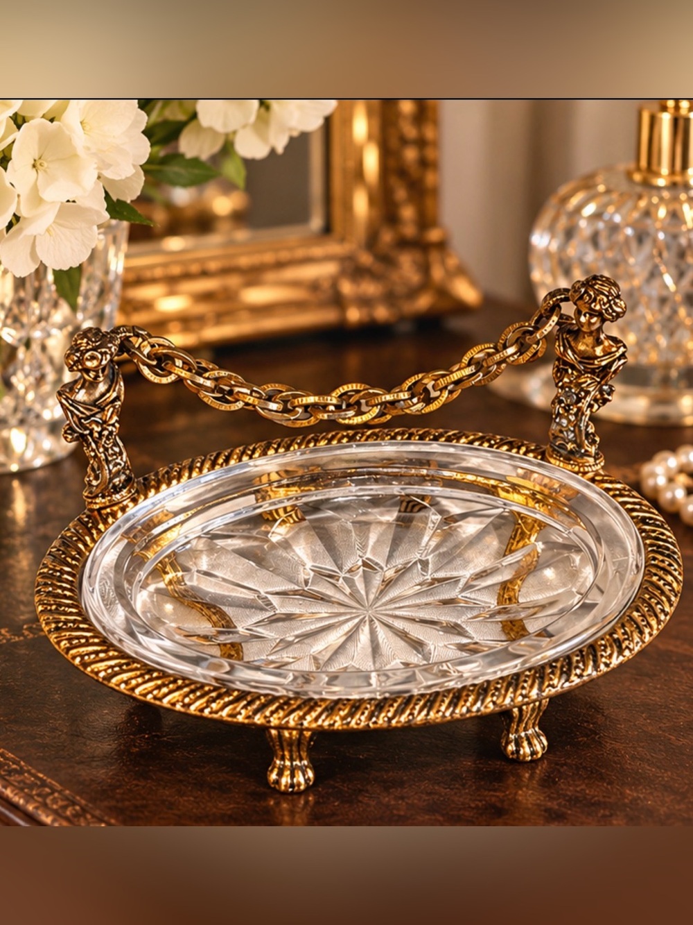 Vintage Gold Tone Figural Vanity Tray Cut Glass Trinket Dish Hollywood Regency